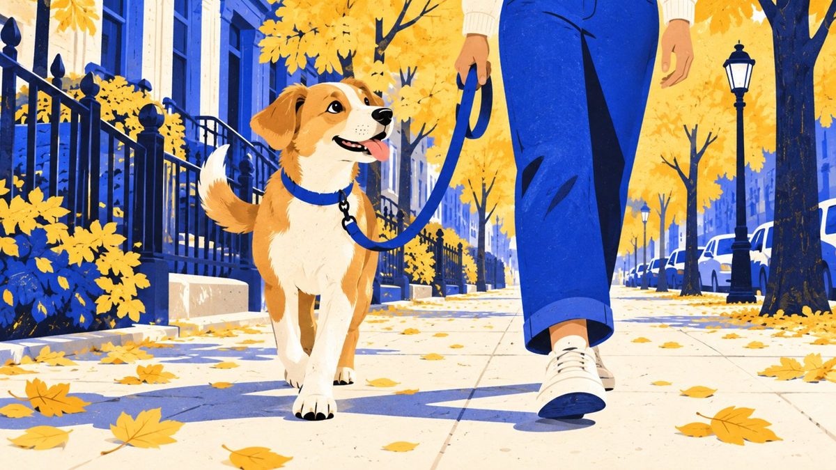 Ilustración: perro joven caminando con la correa floja