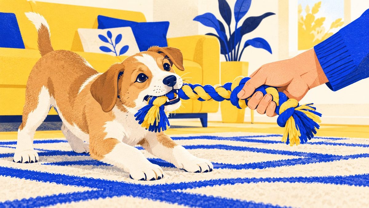 Ilustración: cachorro tirando de una soga en lugar de morder la mano
