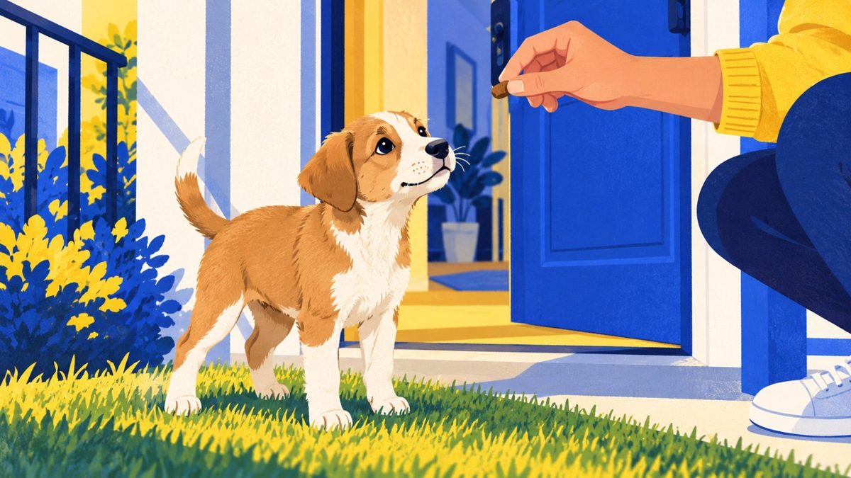 Ilustración: cachorro haciendo pis afuera y recibiendo un premio