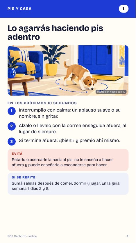 Tarjeta 1 de SOS Cachorro: lo agarrás haciendo pis adentro